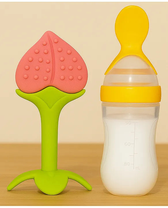 KIDS BASIC Baby Silicone Spoon Bottle with Soft Teether Feeder Combo , BPA Free Feeding Set