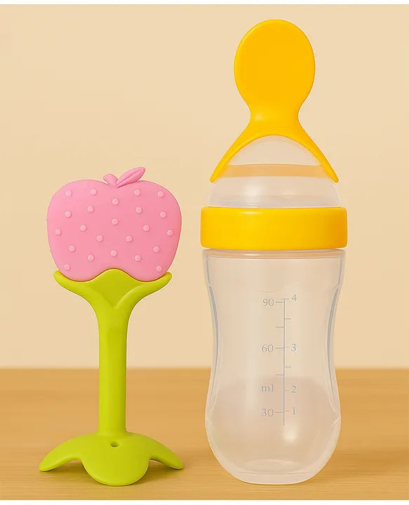 KIDS BASIC Baby Silicone Spoon Bottle with Soft Teether Feeder Combo , BPA Free Feeding Set