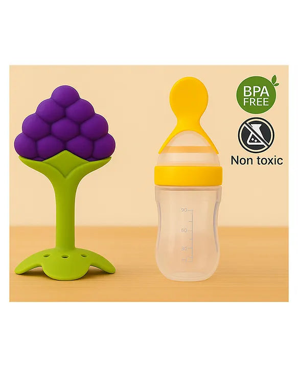 KIDS BASIC Baby Silicone Spoon Bottle with Soft Teether Feeder Combo , BPA Free Feeding Set