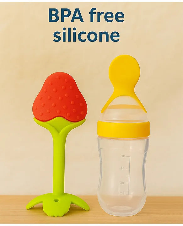 KIDS BASIC Baby Silicone Spoon Bottle with Soft Teether Feeder Combo , BPA Free Feeding Set