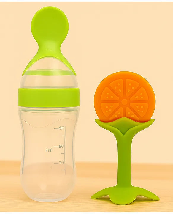 KIDS BASIC Baby Silicone Spoon Bottle with Soft Teether Feeder Combo , BPA Free Feeding Set