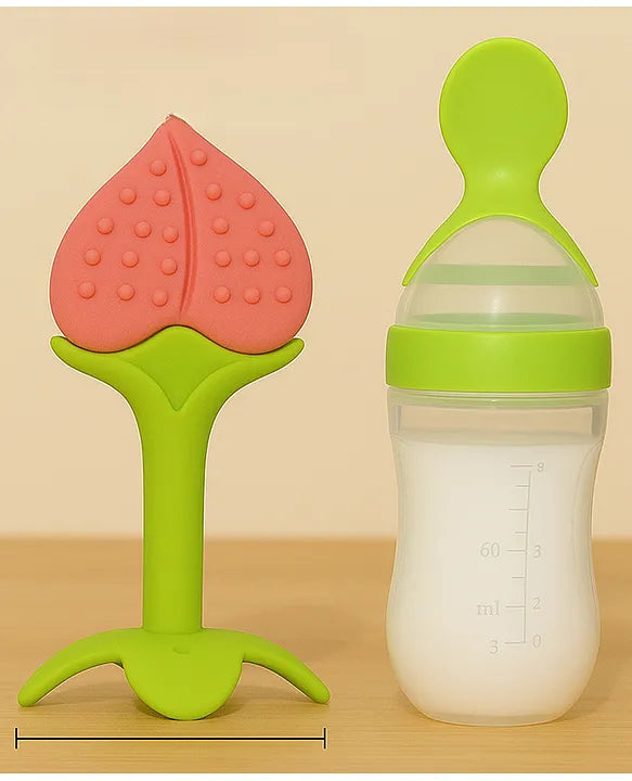 KIDS BASIC Baby Silicone Spoon Bottle with Soft Teether Feeder Combo , BPA Free Feeding Set