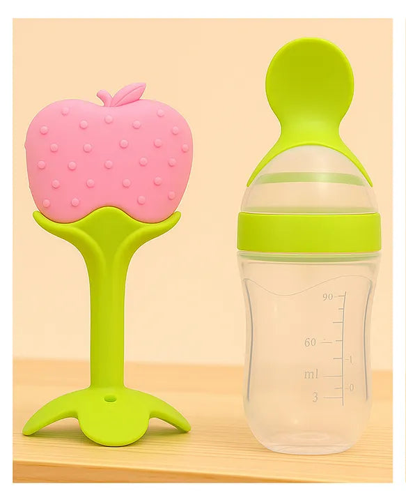 KIDS BASIC Baby Silicone Spoon Bottle with Soft Teether Feeder Combo , BPA Free Feeding Set