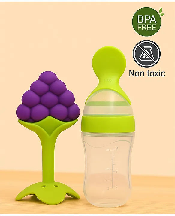KIDS BASIC Baby Silicone Spoon Bottle with Soft Teether Feeder Combo , BPA Free Feeding Set