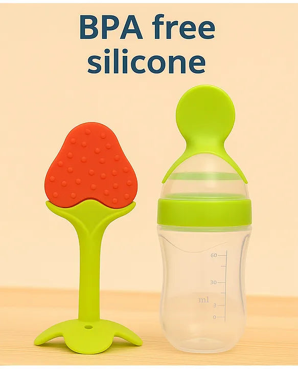 KIDS BASIC Baby Silicone Spoon Bottle with Soft Teether Feeder Combo , BPA Free Feeding Set