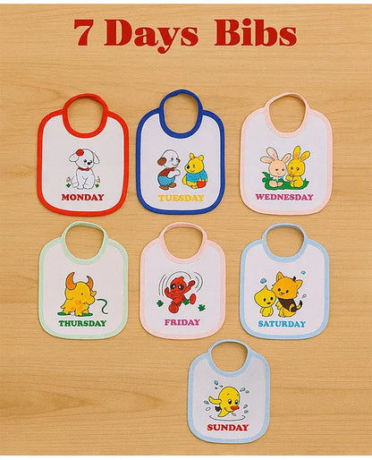 KIDS BASIC 7 Days Baby Bibs Set - Soft Cotton, Colorful Embroidered Designs for Each Weekday, Easy Tie-up Closure (Pack of 7)