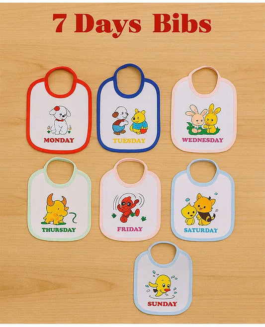 KIDS BASIC 7 Days Baby Bibs Set - Soft Cotton, Colorful Embroidered Designs for Each Weekday, Easy Tie-up Closure (Pack of 7)