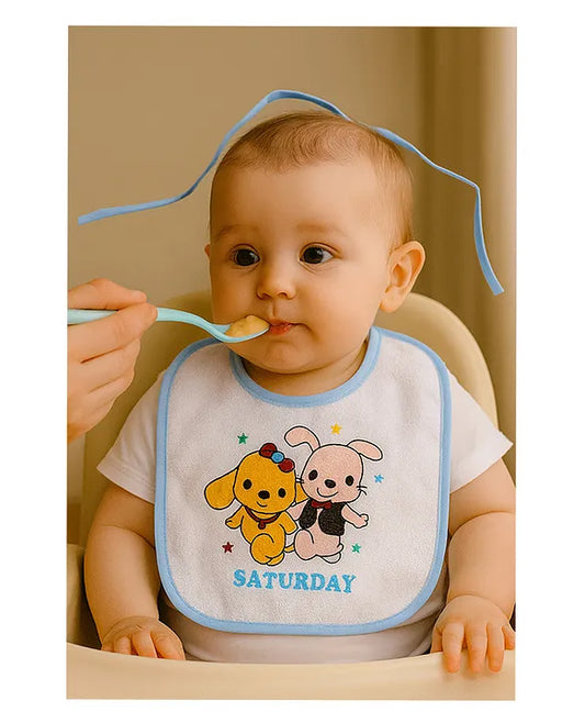 KIDS BASIC 7 Days Baby Bibs Set - Soft Cotton, Colorful Embroidered Designs for Each Weekday, Easy Tie-up Closure (Pack of 7)