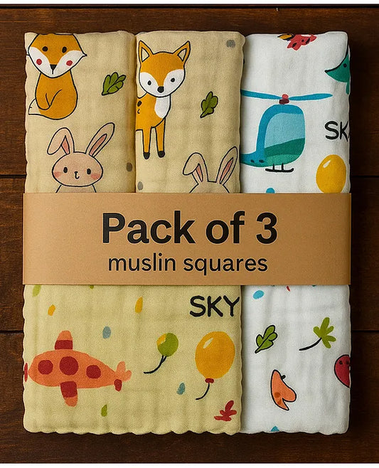 KIDS BASIC Premium Muslin Baby Hanky - Ultra Soft, Absorbent, Multipurpose Cloth for Newborns & Infants Set of 3