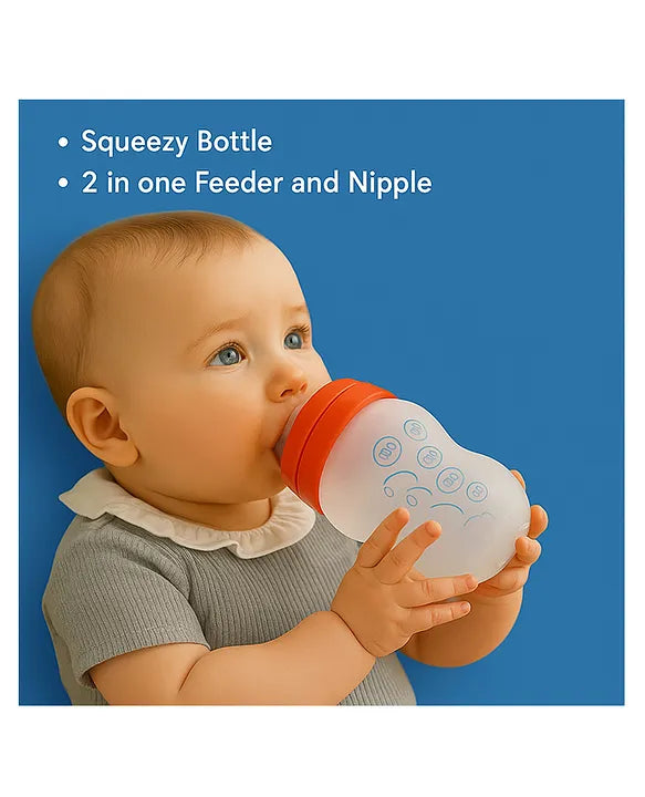 KIDS BASIC 2 In 1 Silicone Feeder & Nipple With Silicone Squeeze Bottle, 180 ml- Blue