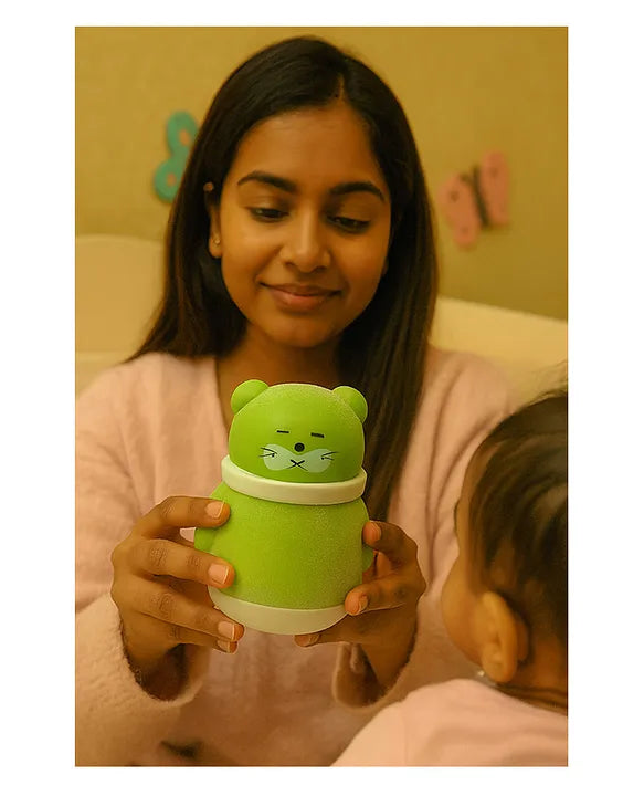 KIDS BASIC Portable Adorable Animal Baby Powder Puff with Built-in Storage - Gentle Skin Care for Newborn Face & Body-