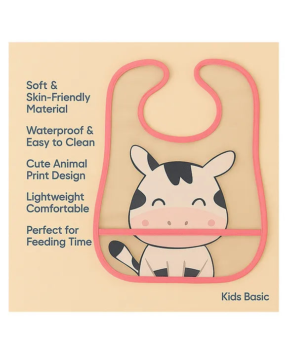 KIDS BASIC Baby Plastic Waterproof With Pocket Animal Print Bib