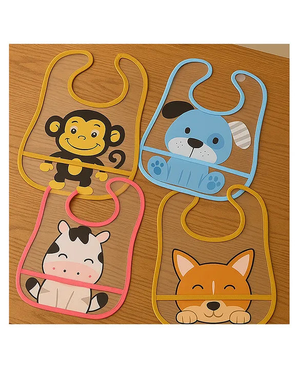 KIDS BASIC Baby Plastic Waterproof With Pocket Animal Print Bib