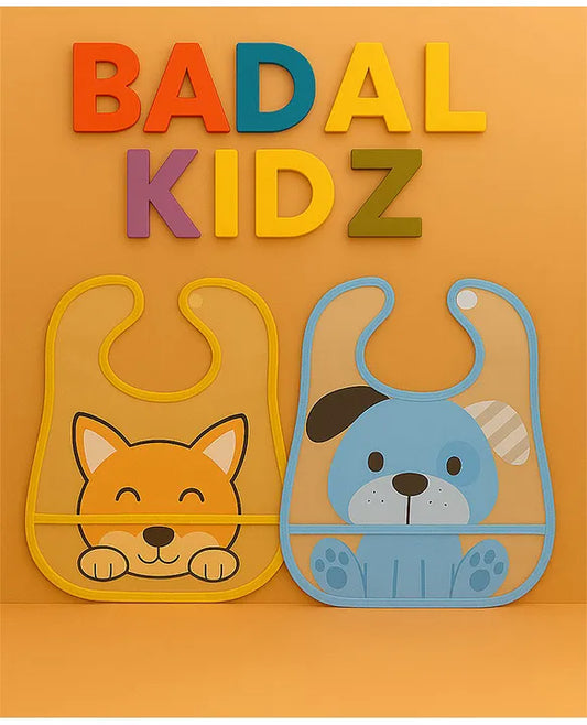 KIDS BASIC Baby Waterproof With Pocket Animal Print Bib (Pack of 2)- Blue & Brown