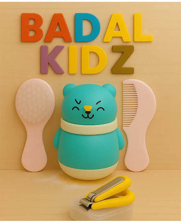 KIDS BASIC Grooming Set Baby Combo| Hair Brush Comb, 1 Portable Powder Puff & A Nail Cutter- Pink, Blue & Yellow