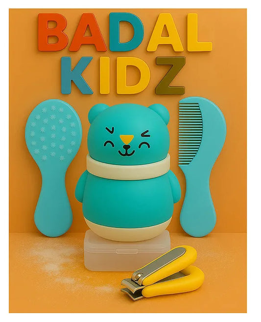 KIDS BASIC Grooming Set Baby Combo| Hair Brush Comb, 1 Portable Powder Puff & A Nail Cutter- Blue, Blue & Yellow