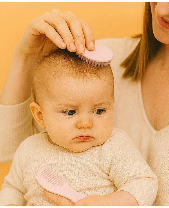 KIDS BASIC Grooming Set Baby Combo| Hair Brush Comb, 1 Portable Powder Puff & A Nail Cutter- Pink, Green & Yellow