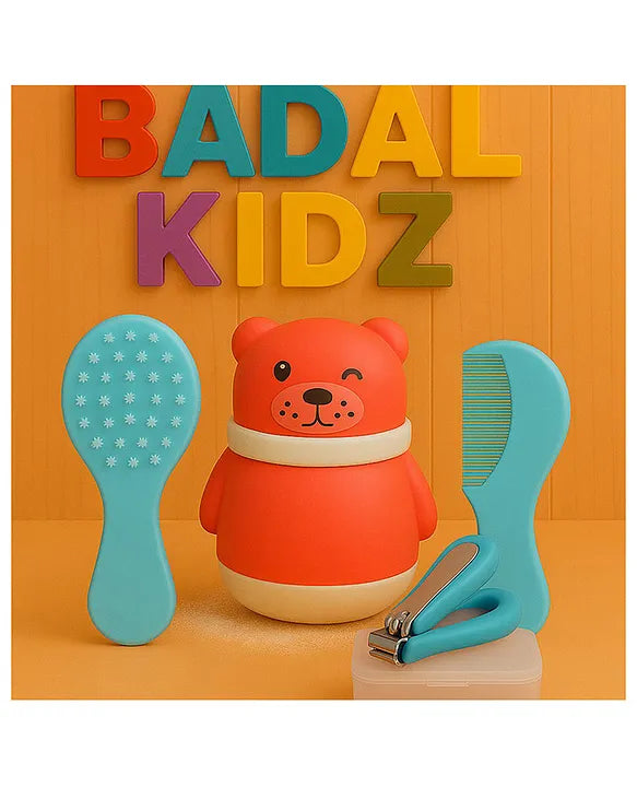 KIDS BASIC Grooming Set Baby Combo| Hair Brush Comb, 1 Portable Powder Puff & A Nail Cutter- Blue, Pink & Blue