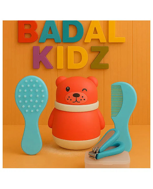 KIDS BASIC Grooming Set Baby Combo| Hair Brush Comb, 1 Portable Powder Puff & A Nail Cutter- Blue, Pink & Blue