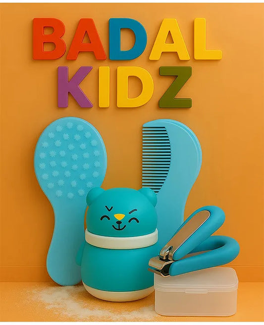 KIDS BASIC Grooming Set Baby Combo| Hair Brush Comb, 1 Portable Powder Puff & A Nail Cutter- Blue, Blue & Blue