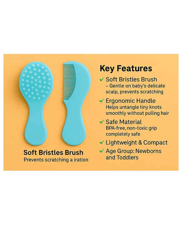 KIDS BASIC Grooming Set Baby Combo| Hair Brush Comb, 1 Portable Powder Puff & A Nail Cutter- Blue, Blue & Blue