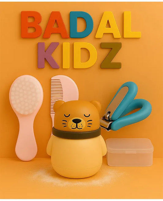 KIDS BASIC Grooming Set Baby Combo| Hair Brush Comb, 1 Portable Powder Puff & A Nail Cutter- Pink, Brown & Blue