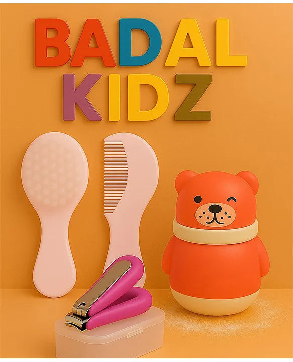 KID BASIC Grooming Set Baby Combo| Hair Brush Comb, 1 Portable Powder Puff & A Nail Cutter- Pink, Pink & Purple