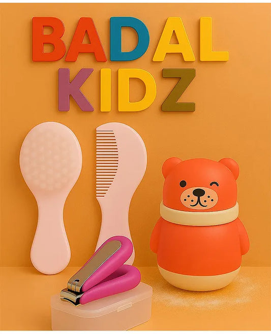 KID BASIC Grooming Set Baby Combo| Hair Brush Comb, 1 Portable Powder Puff & A Nail Cutter- Pink, Pink & Purple