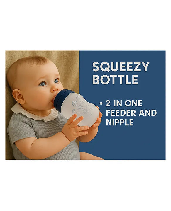 KIDS BASIC Newborn Essential Combo Muslin Warm Softest Sleeping Bag & BPA Free 2 In 1 Feeding Spoon Bottle + Nipple Bottle- Blue Stripes & Blue