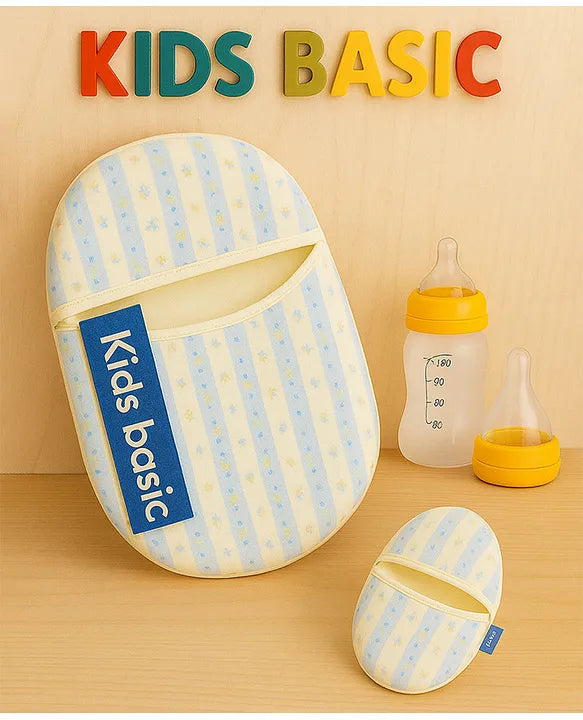 KIDS BASIC Newborn Essential Combo Muslin Warm Softest Sleeping Bag & BPA Free 2 In 1 Feeding Spoon Bottle + Nipple Bottle- Blue Stripes & Yellow