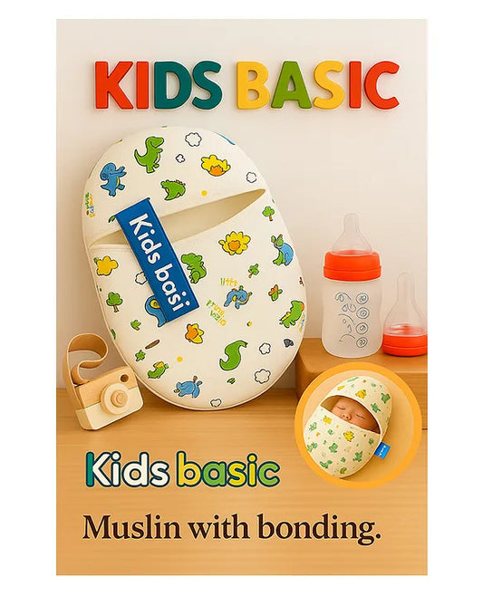 KIDS BASIC Newborn Essential Combo Muslin Warm Softest Sleeping Bag & BPA Free 2 In 1 Feeding Spoon Bottle + Nipple Bottle- Dino Print & Red