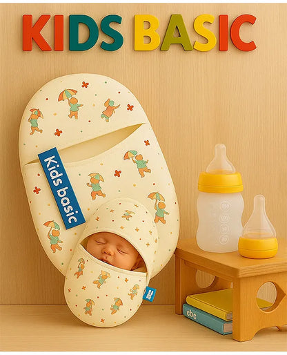 KIDS BASIC Newborn Essential Combo Muslin Warm Softest Sleeping Bag & BPA Free 2 In 1 Feeding Spoon Bottle + Nipple Bottle- Horse Print & Yellow