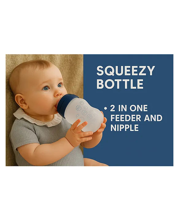 KIDS BASIC Newborn Essential Combo Muslin Warm Softest Sleeping Bag & BPA Free 2 In 1 Feeding Spoon Bottle + Nipple Bottle- Teddy Print & Blue