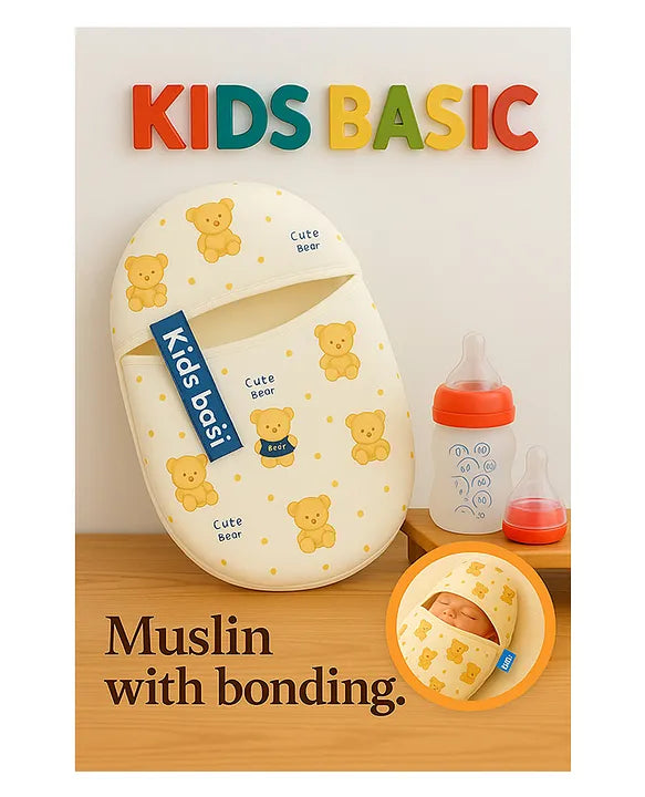 KIDS BASIC Newborn Essential Combo Muslin Warm Softest Sleeping Bag & BPA Free 2 In 1 Feeding Spoon Bottle + Nipple Bottle- Teddy Print & Red