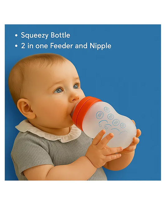 KIDS BASIC Newborn Essential Combo Muslin Warm Softest Sleeping Bag & BPA Free 2 In 1 Feeding Spoon Bottle + Nipple Bottle- Teddy Print & Red