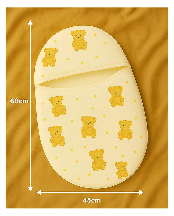 KIDS BASIC Newborn Essential Combo Muslin Warm Softest Sleeping Bag & BPA Free 2 In 1 Feeding Spoon Bottle + Nipple Bottle- Teddy Print & Yellow