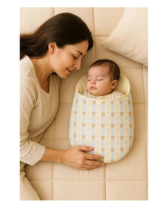 KIDS BASIC Newborn Love Combo - Muslin Warm Sleeping Bag & BIS Certified Wooden Rattle for Safe & Joyful Moments- Blue Stripes Print & Silver