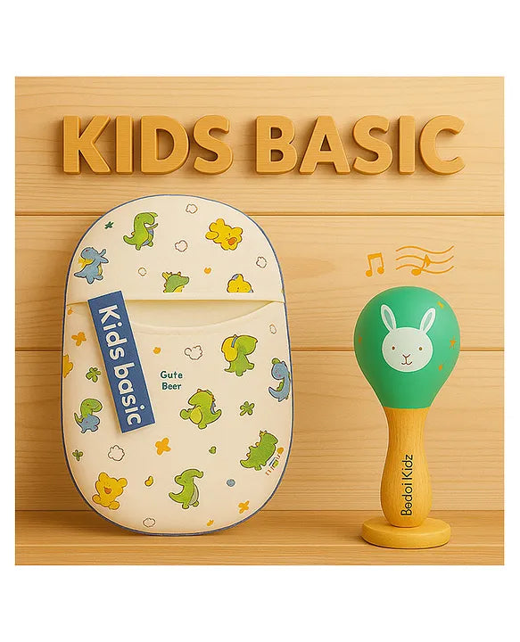 KIDS BASIC Newborn Love Combo - Muslin Warm Sleeping Bag & BIS Certified Wooden Rattle for Safe & Joyful Moments- Dino Print & Green