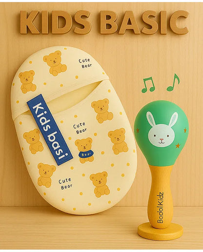 Newborn Love Combo - Muslin Warm Sleeping Bag & BIS Certified Wooden Rattle for Safe & Joyful Moments- Teddy Print & Green