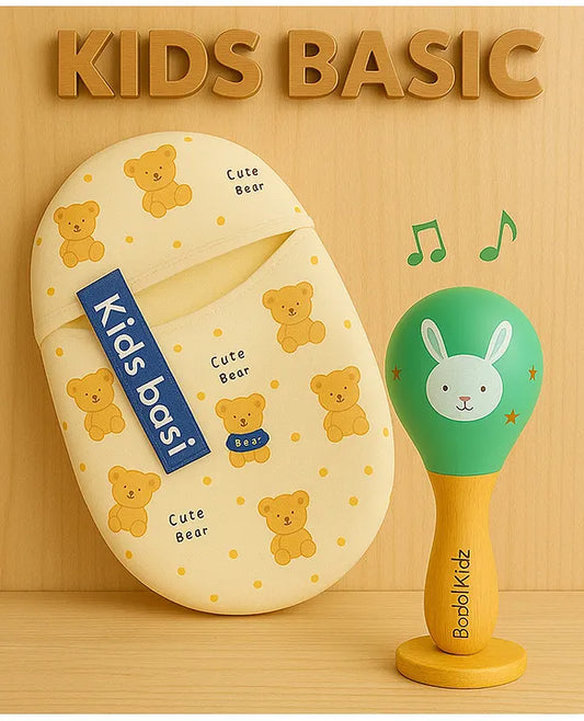 Newborn Love Combo - Muslin Warm Sleeping Bag & BIS Certified Wooden Rattle for Safe & Joyful Moments- Teddy Print & Green