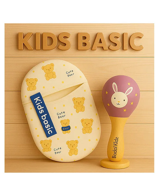 KIDS BASIC Newborn Love Combo - Muslin Warm Sleeping Bag & BIS Certified Wooden Rattle for Safe & Joyful Moments- Teddy Print & Purple