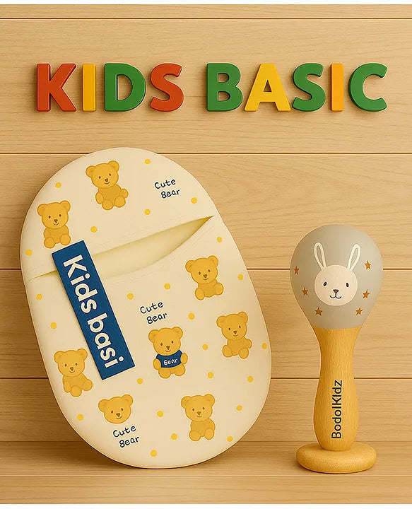 KIDS BASIC Newborn Love Combo - Muslin Warm Sleeping Bag & BIS Certified Wooden Rattle for Safe & Joyful Moments- Teddy Print & Silver