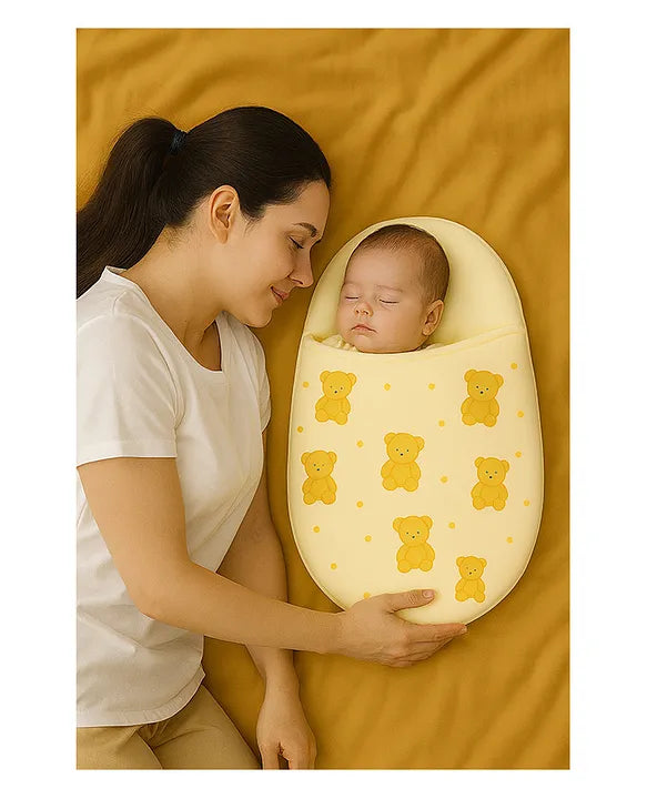 KIDS BASIC Newborn Love Combo - Muslin Warm Sleeping Bag & BIS Certified Wooden Rattle for Safe & Joyful Moments- Teddy Print & Silver