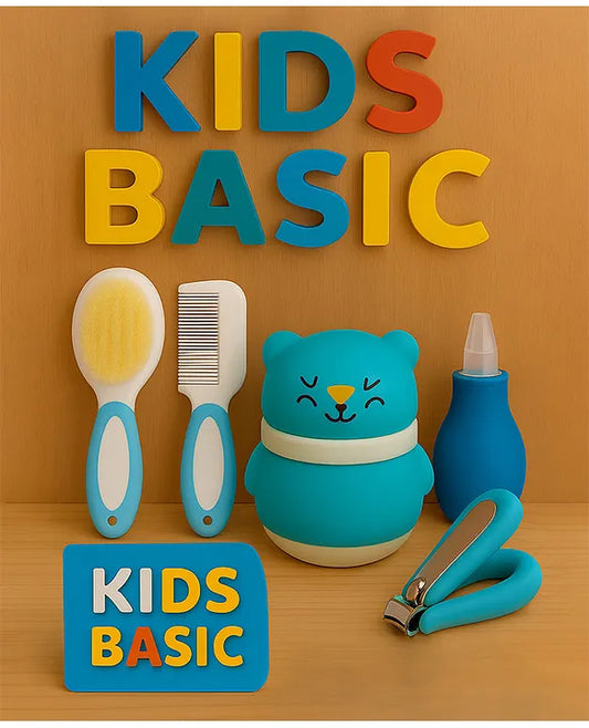 KIDS BASIC Baby Care Grooming Essential Combo | Teddy Style Powder Puff + Nail Cutter + Nose Sucker + Hair Brush & Comb Set- Blue, Blue, Blue, Blue
