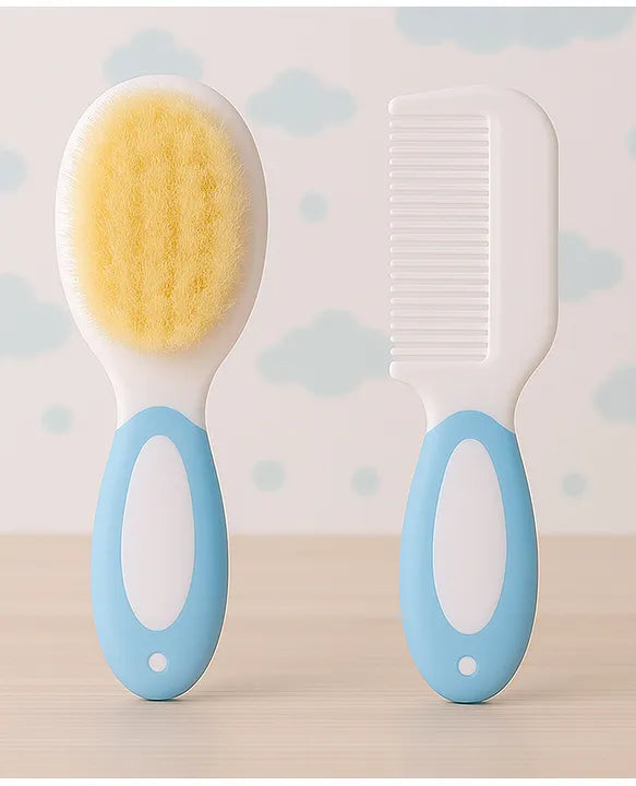 KIDS BASIC Baby Care Grooming Essential Combo | Teddy Style Powder Puff + Nail Cutter + Nose Sucker + Hair Brush & Comb Set- Blue, Blue, Blue, Blue