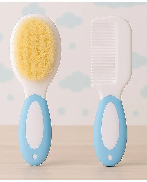 KIDS BASIC Baby Care Grooming Essential Combo | Teddy Style Powder Puff + Nail Cutter + Nose Sucker + Hair Brush & Comb Set- Blue, Yellow, Yellow, Blue