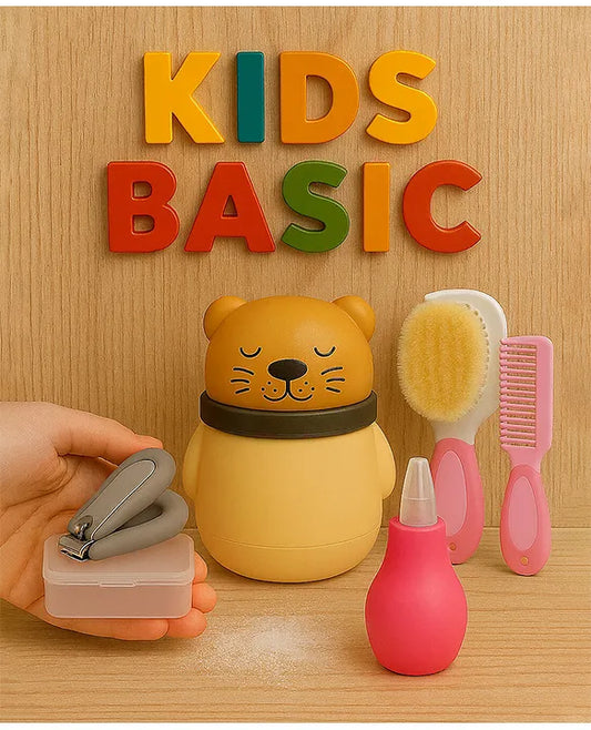 KIDS BASIC Baby Care Grooming Essential Combo | Teddy Style Powder Puff + Nail Cutter + Nose Sucker + Hair Brush & Comb Set- Brown, Grey, Pink, Pink