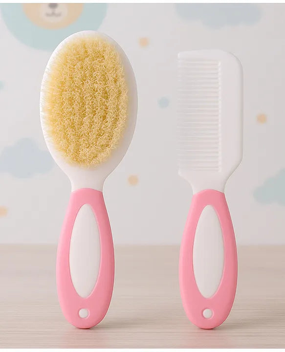 KIDS BASIC Baby Care Grooming Essential Combo | Teddy Style Powder Puff + Nail Cutter + Nose Sucker + Hair Brush & Comb Set- Brown, Grey, Pink, Pink