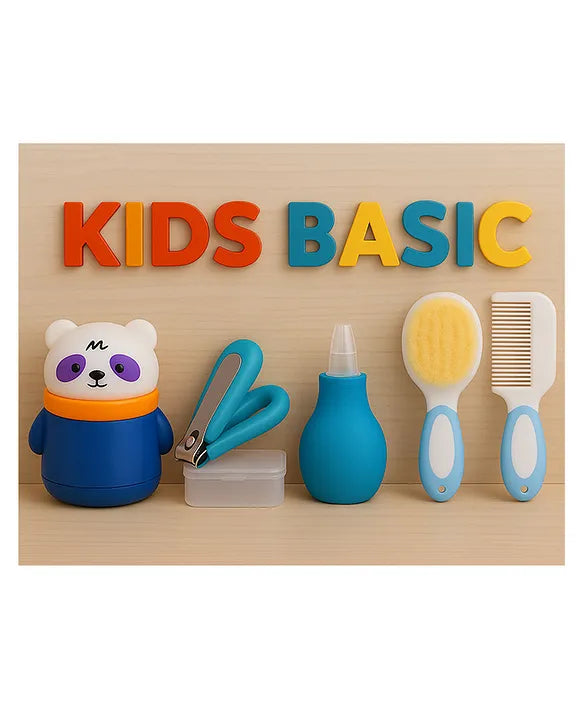 KIDS BASIC Baby Care Grooming Essential Combo | Teddy Style Powder Puff + Nail Cutter + Nose Sucker + Hair Brush & Comb Set- Dark Blue, Blue, Blue, Blue