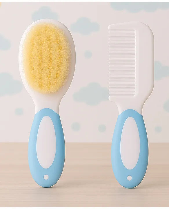 KIDS BASIC Baby Care Grooming Essential Combo | Teddy Style Powder Puff + Nail Cutter + Nose Sucker + Hair Brush & Comb Set- Dark Blue, Blue, Blue, Blue